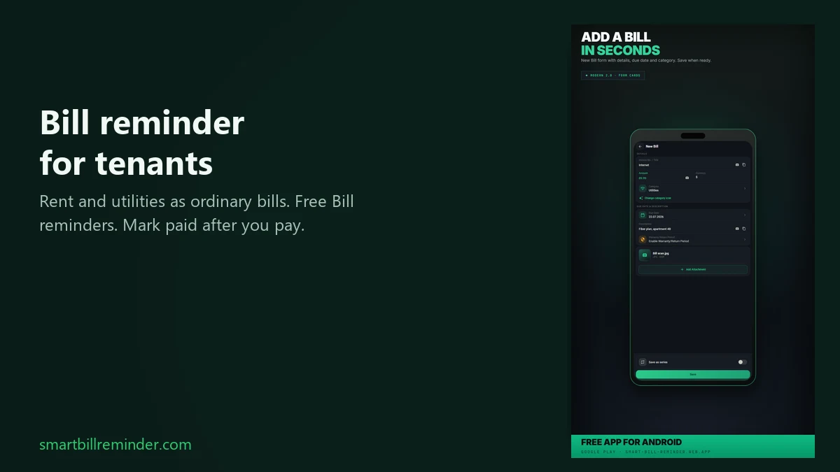 Smart Bill Reminder Add Bill form for a tenant rent and utility reminder list on Android.