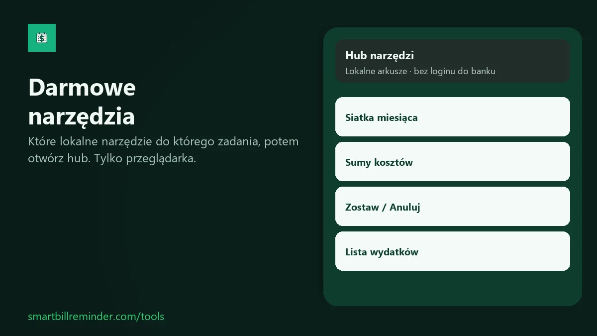Karta marki z listą czterech darmowych arkuszy w przeglądarce do rachunków i subskrypcji.