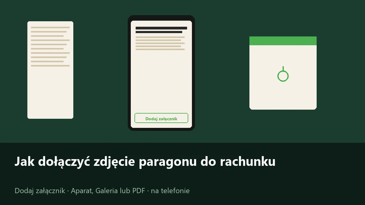 Papierowy paragon, telefon z opcją Dodaj załącznik i karta rachunku powiązana z plikiem.