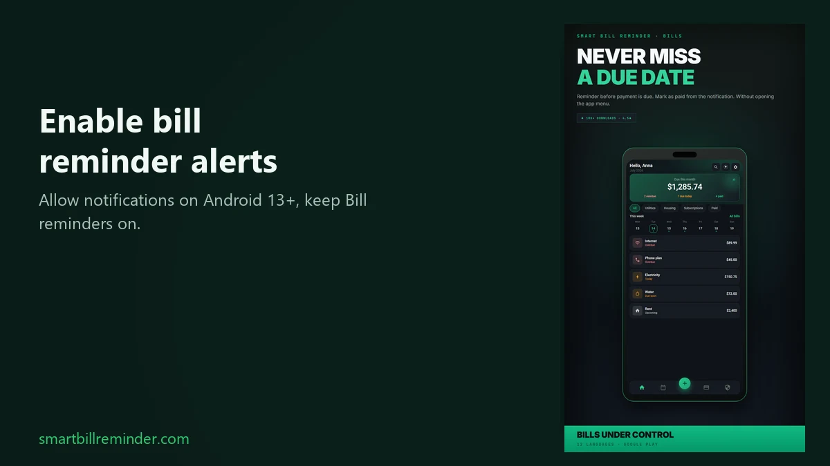 Smart Bill Reminder home list beside a headline about enabling bill reminder notifications on Android.