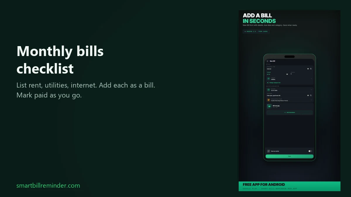 Smart Bill Reminder Add bill form beside a monthly bills checklist headline on Android.