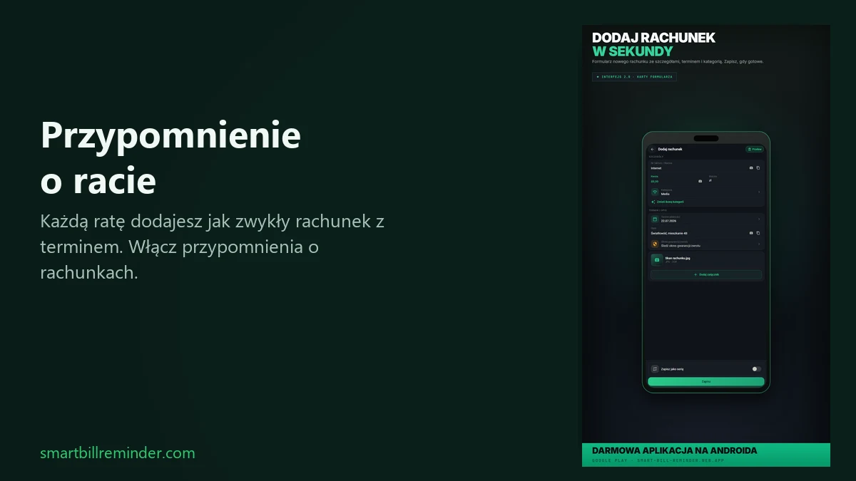 Formularz Dodaj rachunek w Smart Bill Reminder obok nagłówka o przypomnieniu o racie na Androidzie.