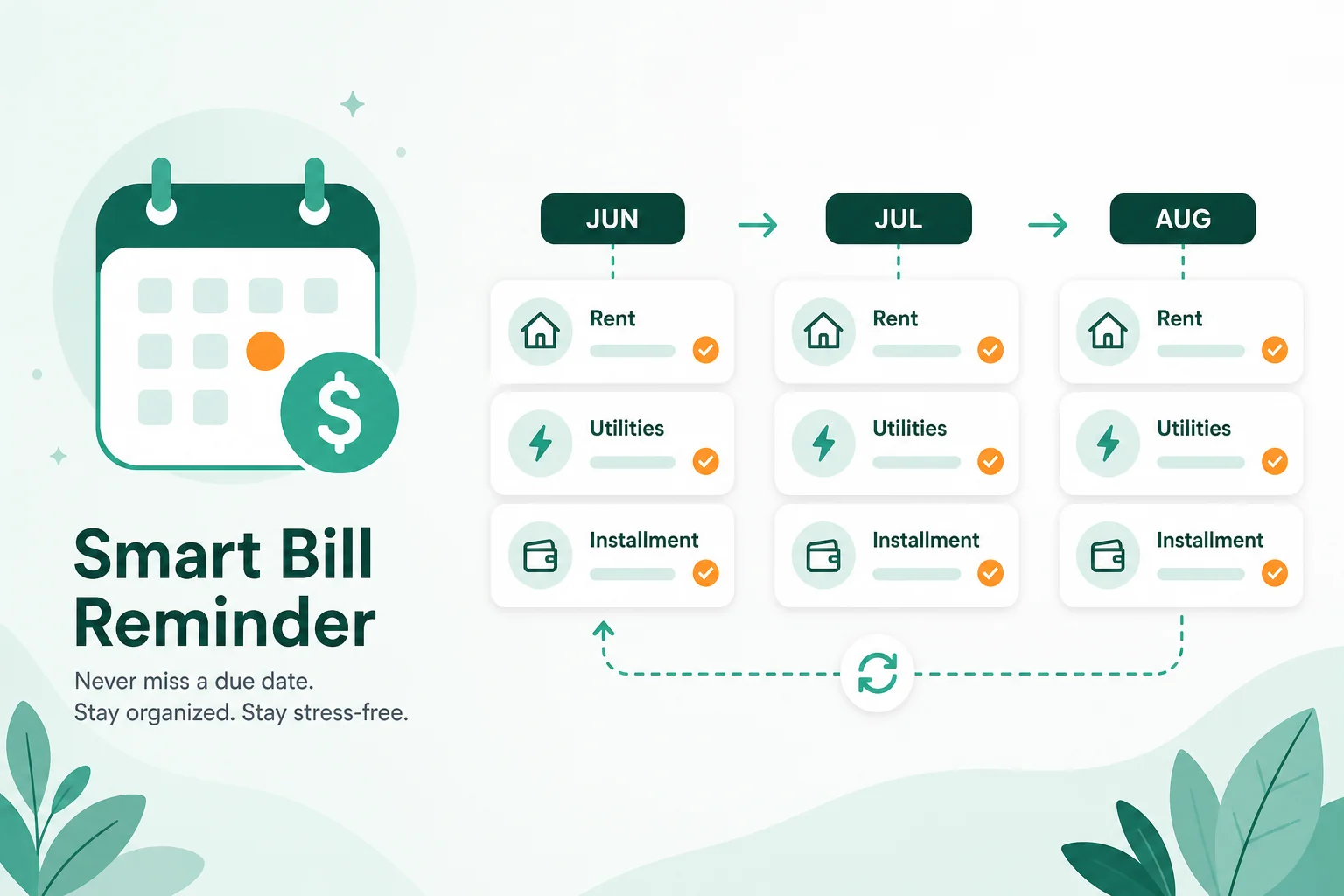 Illustration: calendar with dollar sign and monthly rent, utilities, and installment cards in a recurring cycle