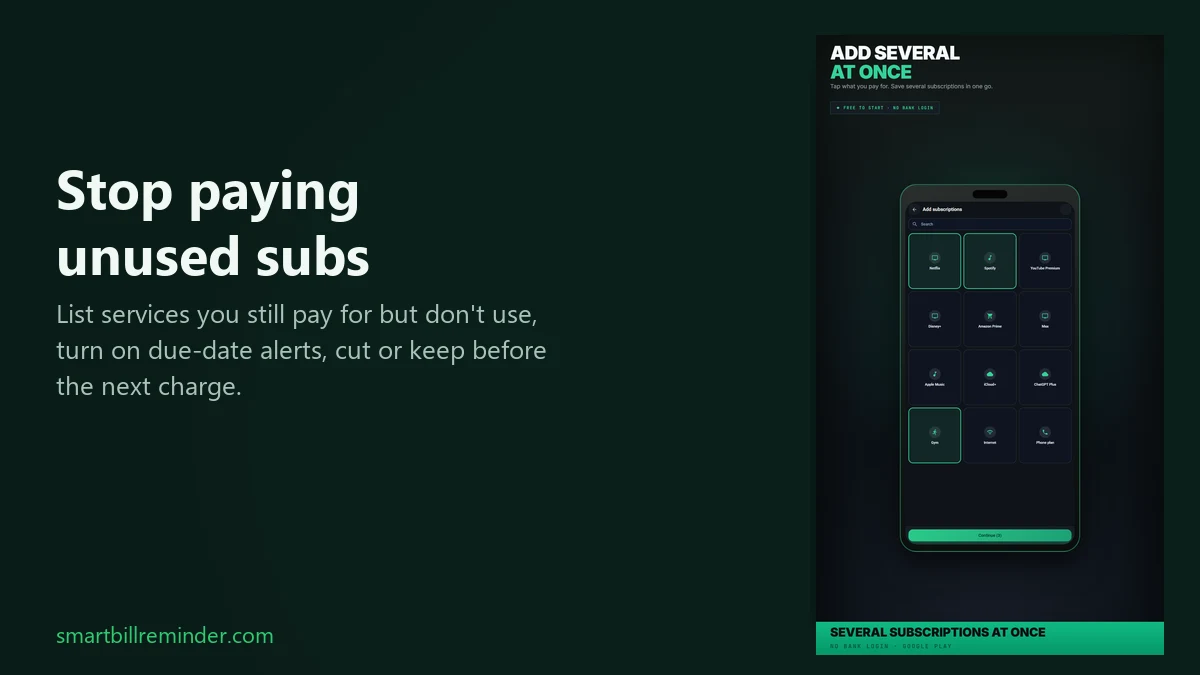 Phone showing Add subscriptions next to a stop paying for unused subscriptions headline.