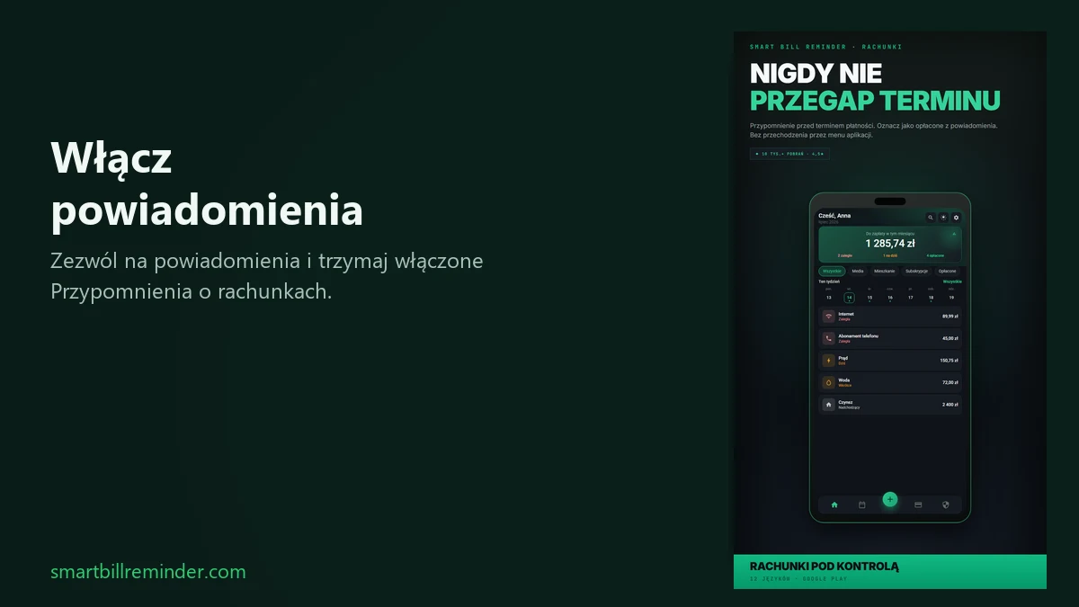 Lista rachunków w Smart Bill Reminder obok nagłówka o włączaniu powiadomień o rachunkach na Androidzie.